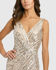 Beige and Silver Sleeveless Diagonal Sequined V-Neck Gown - FINAL SALE