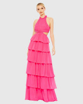 Pink Tiered Ruffle Pleated High Neck Gown with Cut Outs