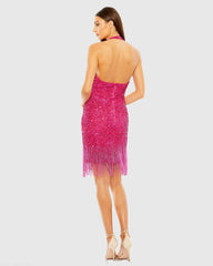 Pink Cross Front Keyhole Top Beaded Fringe Mini Dress