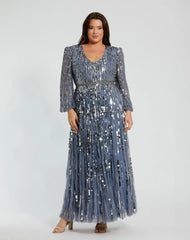 Blue Long Sleeve V-Neck Embellished Gown (Plus)