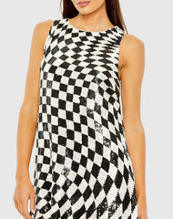 Black and White Sleeveless A-Line Sequin Checkered Mini Dress