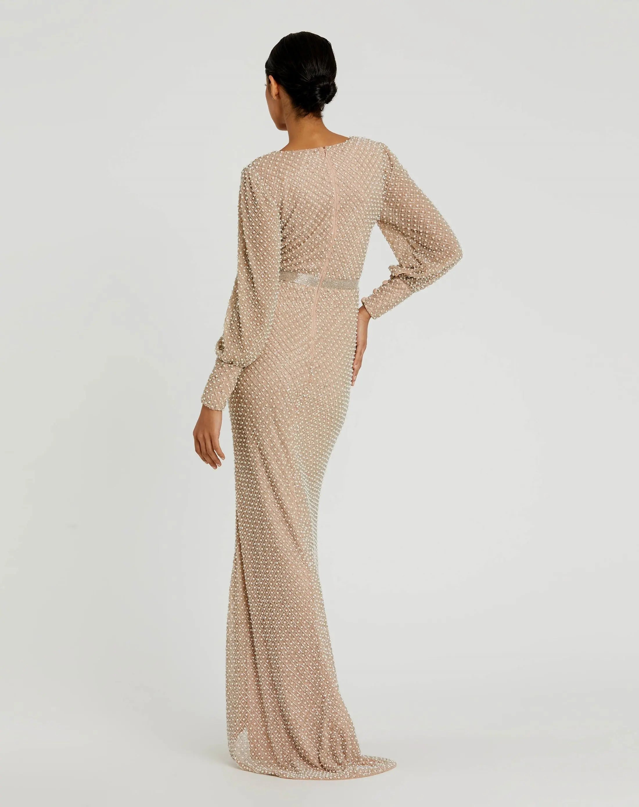 Beige Wrap Over Bishop Sleeve Gown With Pearl Beading