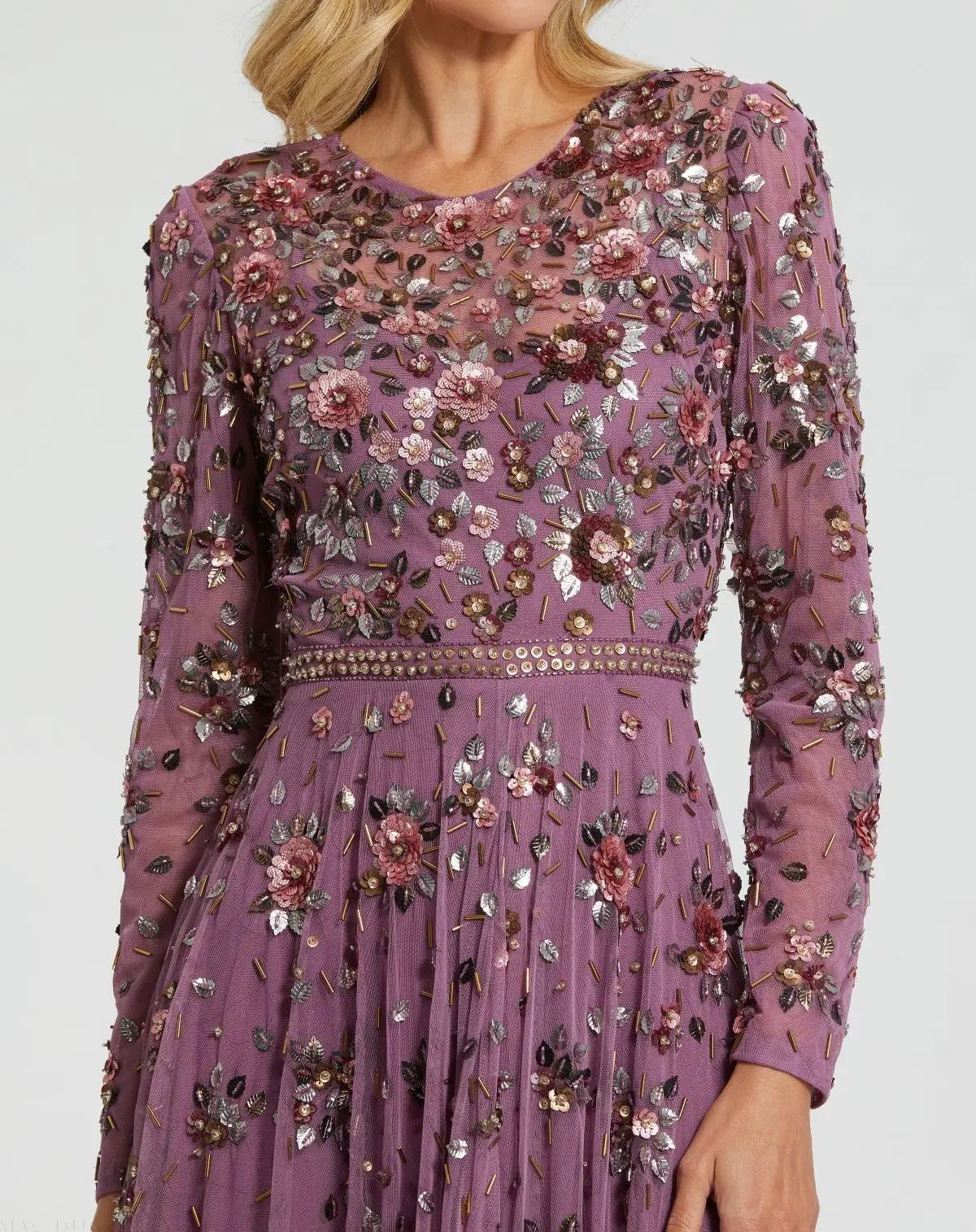 Purple Long Sleeve High Neck Beaded Gown