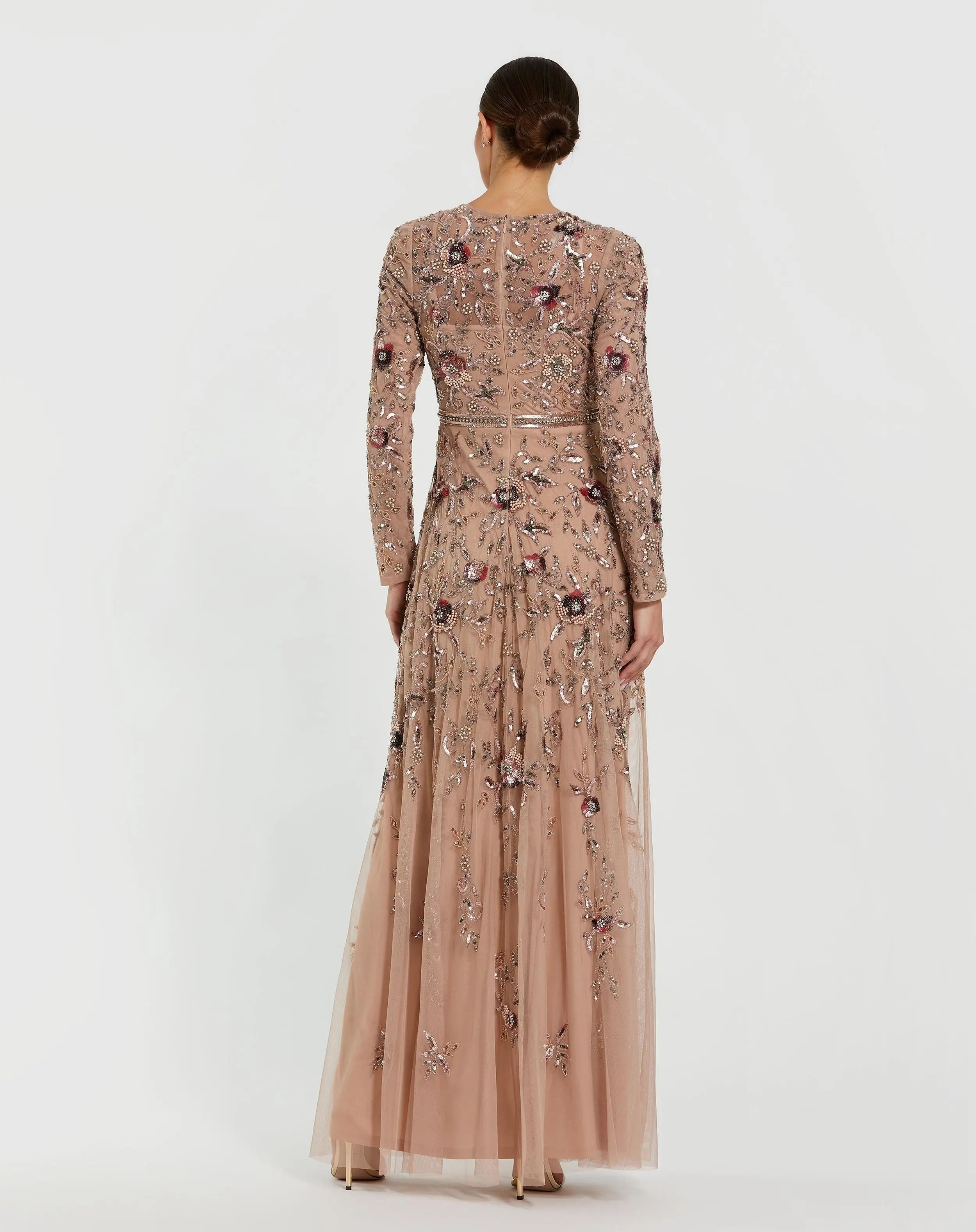 Beige Long Sleeve Floral Embellished A-line Gown
