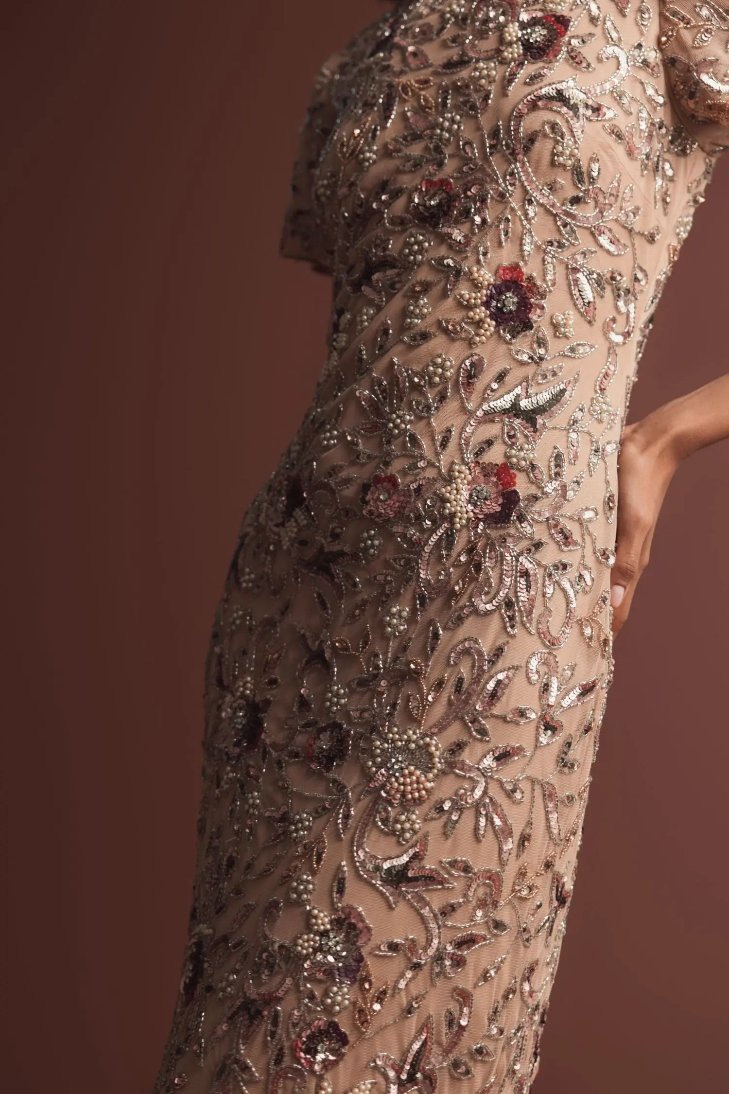 Beige Floral Embellished Short Sleeve Midi Dress