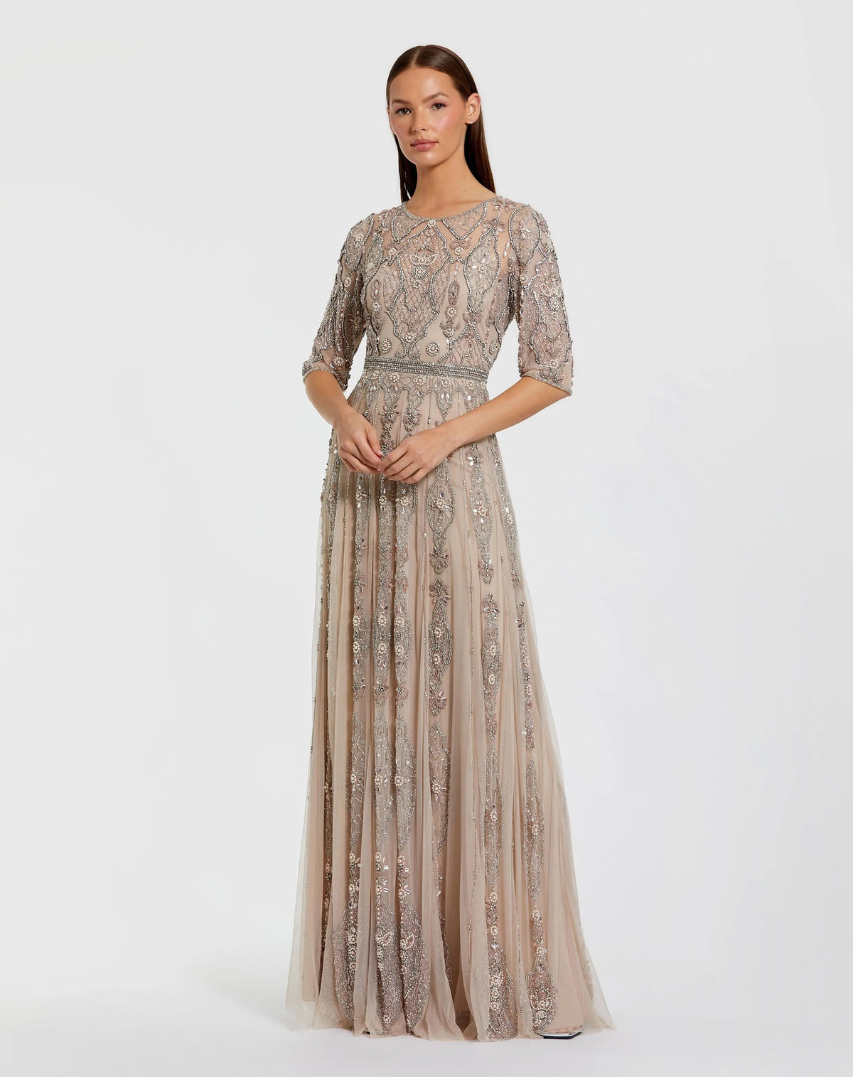 Beige 3/4 Sleeve Embellished A-line Gown