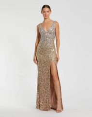 Gold Sequined Sleeveless V Neck Side Slit Gown