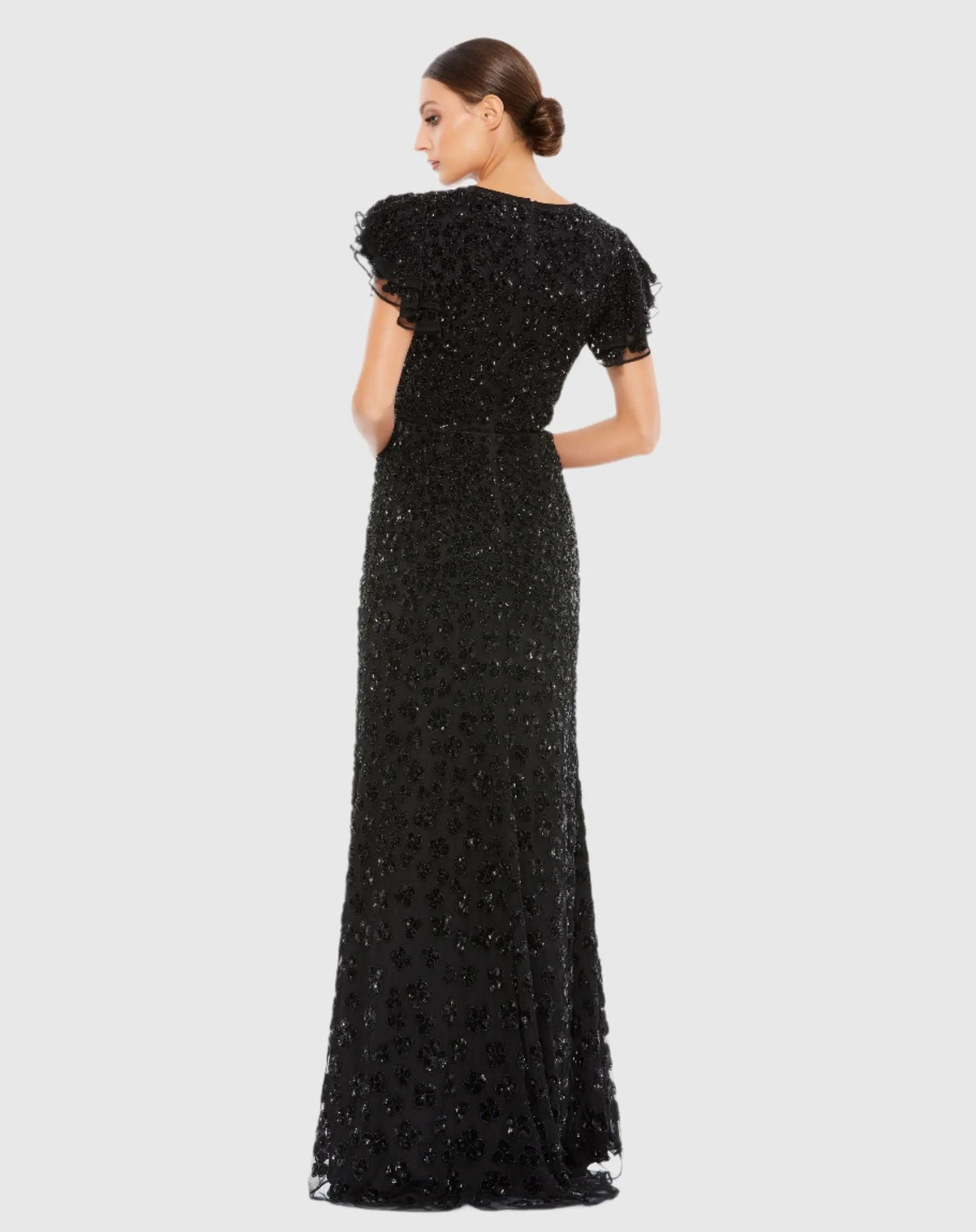 Black High Neck Flutter Cap Sleeve Gown
