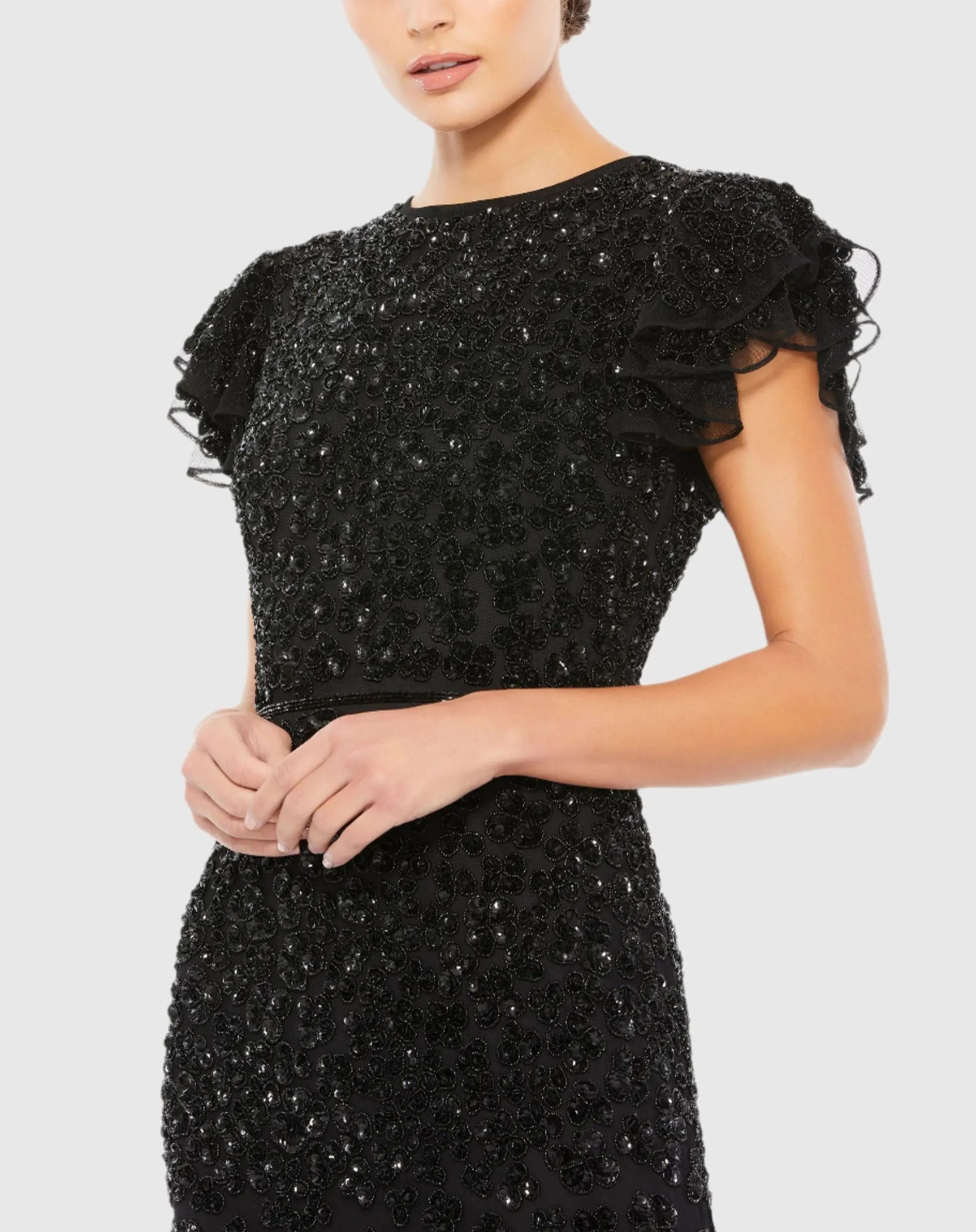 Black High Neck Flutter Cap Sleeve Gown