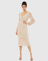 Beige Sequined Illusion Puff Sleeve V Neck Midi Dress
