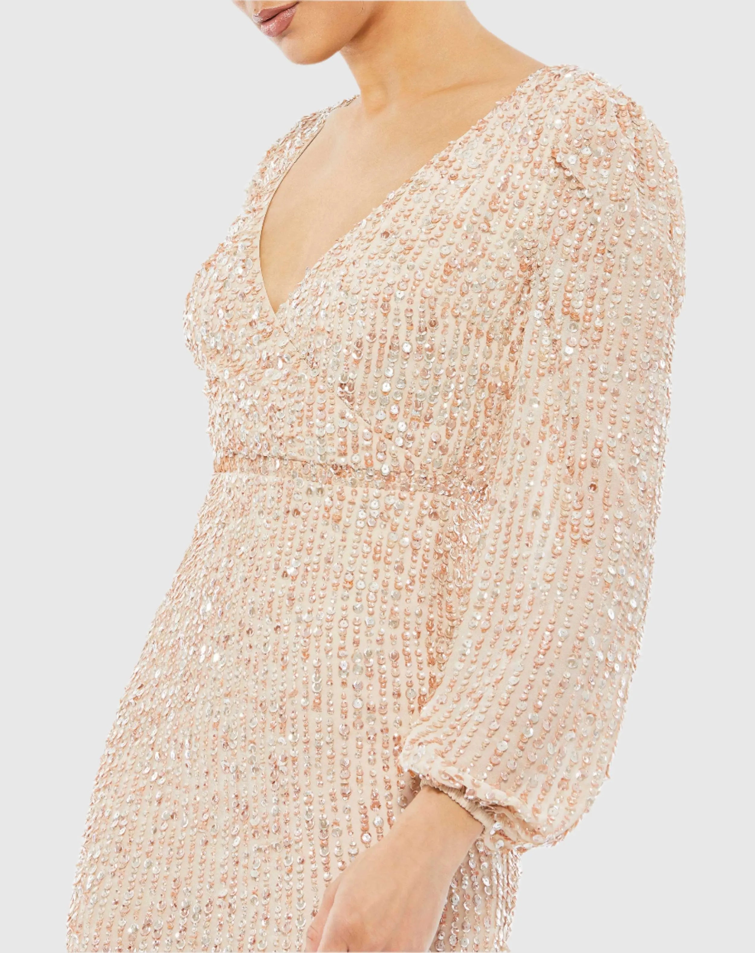 Beige Sequined Illusion Puff Sleeve V Neck Midi Dress
