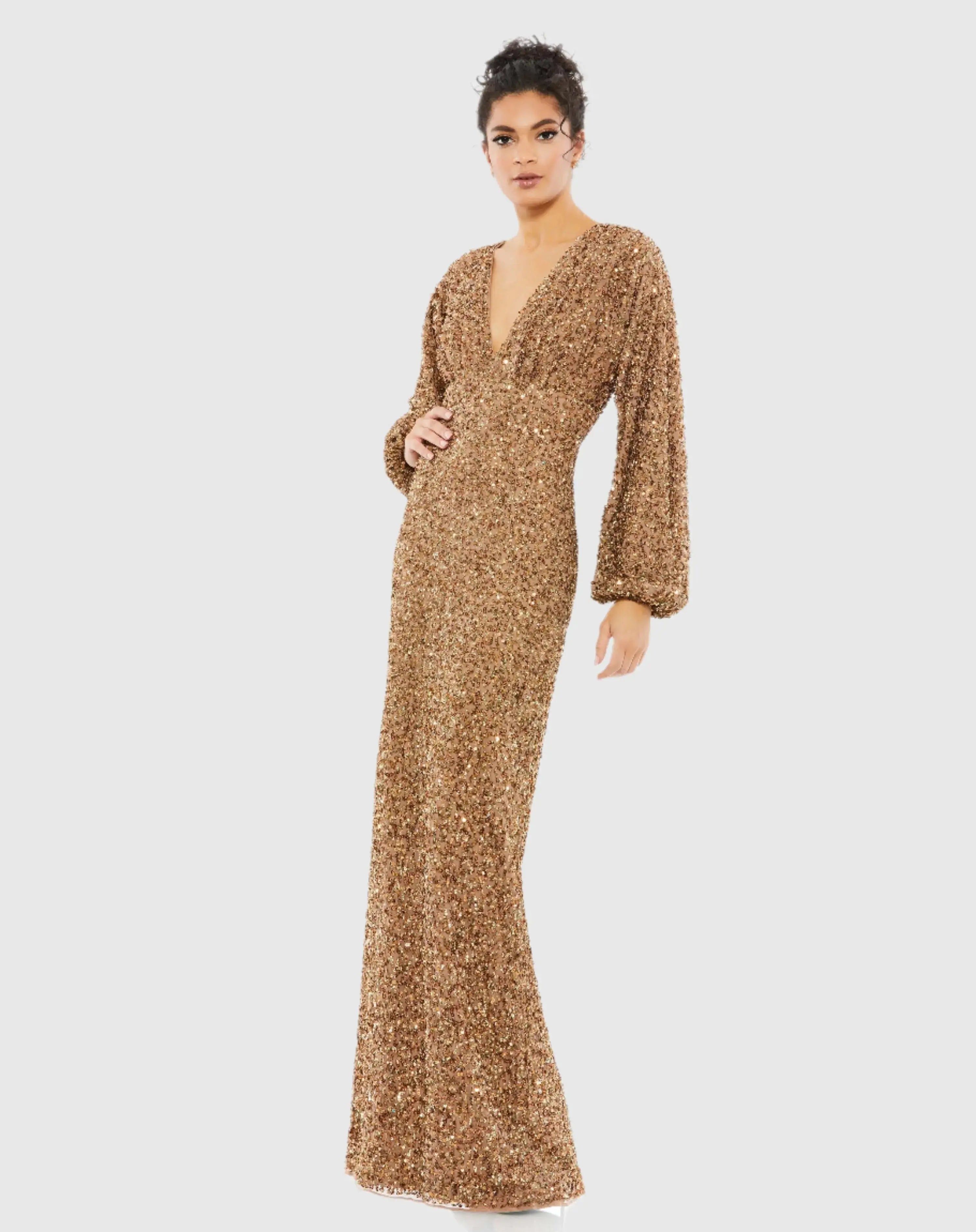 Sequined Puff Sleeve V Neck Gown