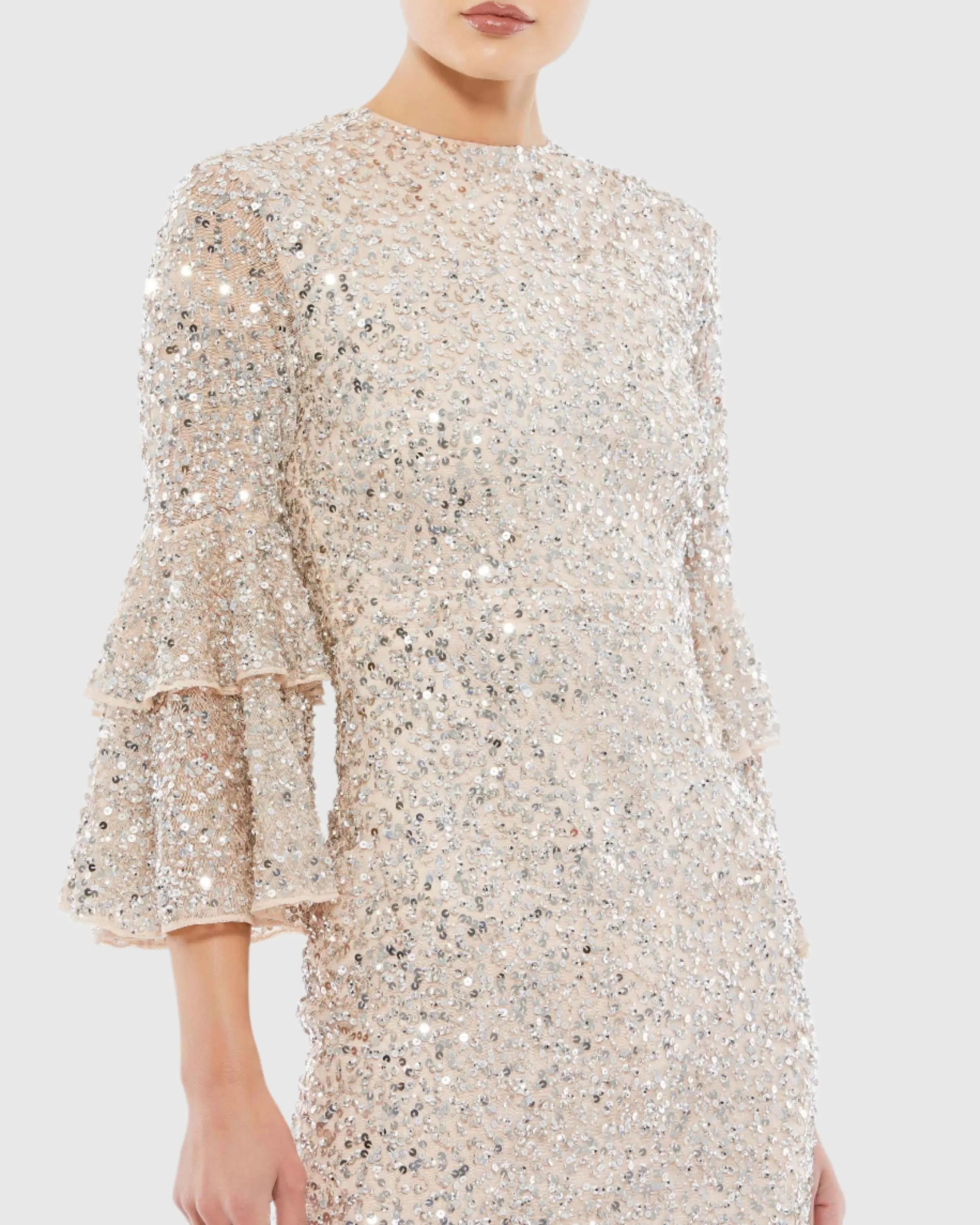 Beige and Silver Fully Sequined Ruffle Tiered 3/4 Sleeve Midi Dress