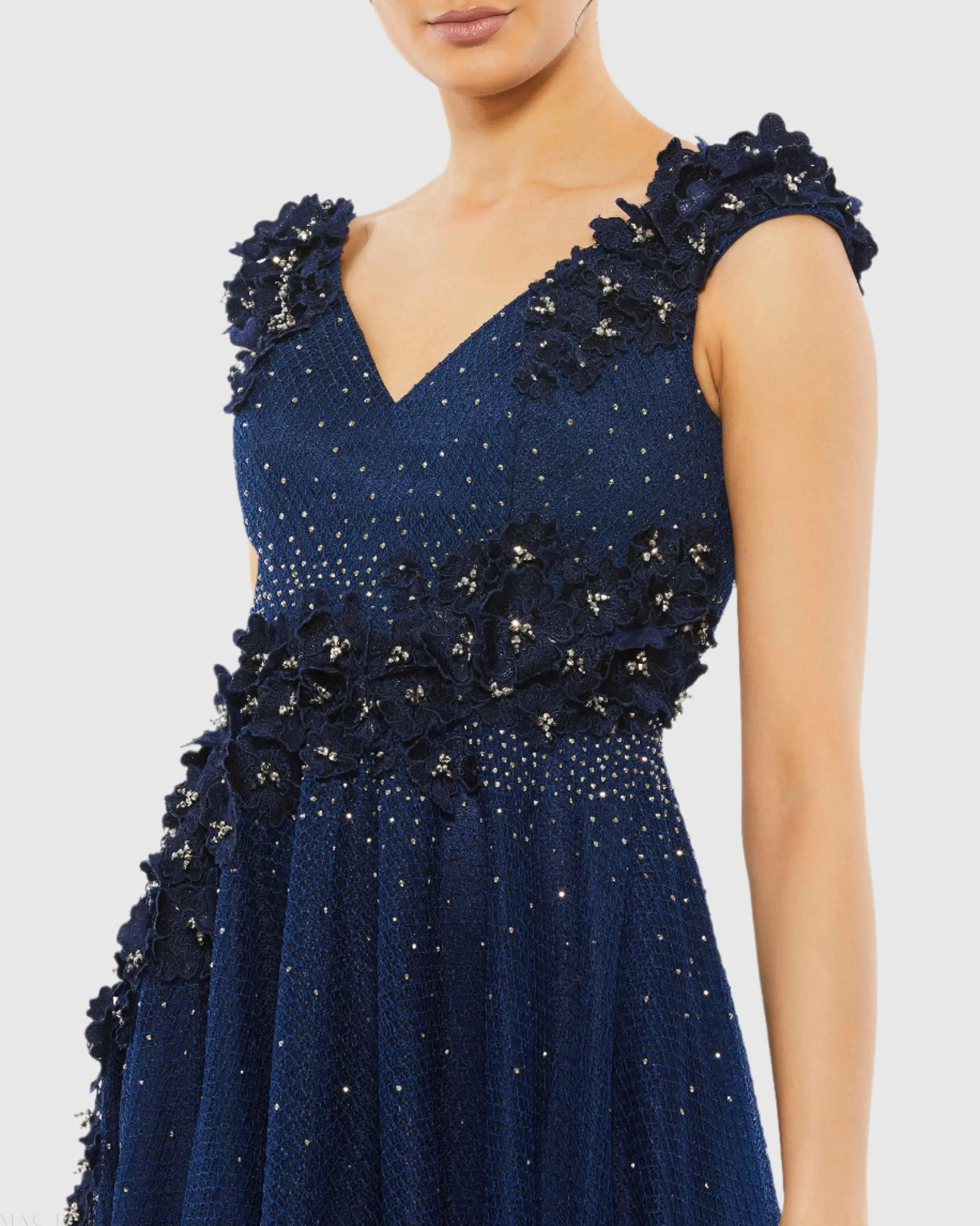Navy Floral Applique A-Line Evening Gown