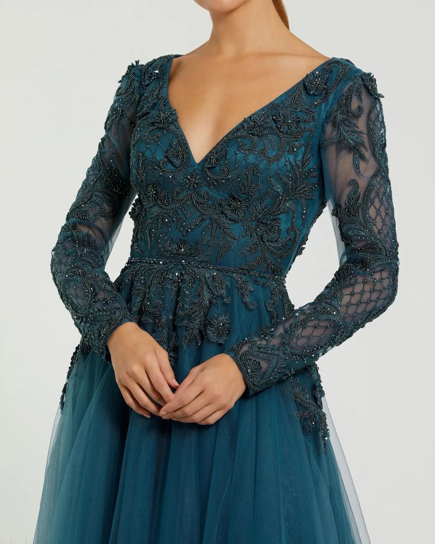 Teal Long Sleeve Embellished Tulle Gown