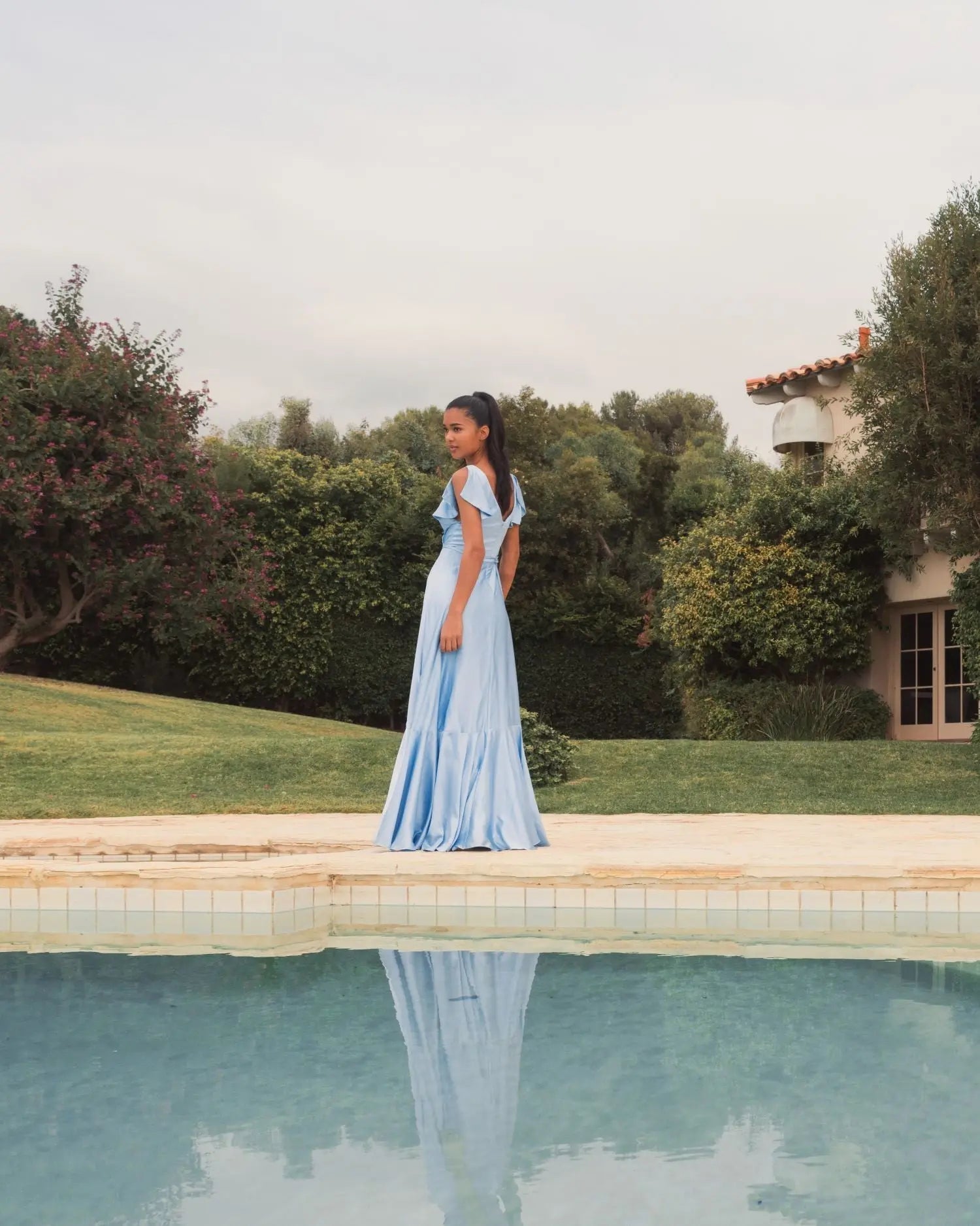 Blue Flounce Sleeve Satin Gown