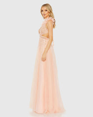 Pink Embellished Ruffle Shoulder Cut Out A Line Gown