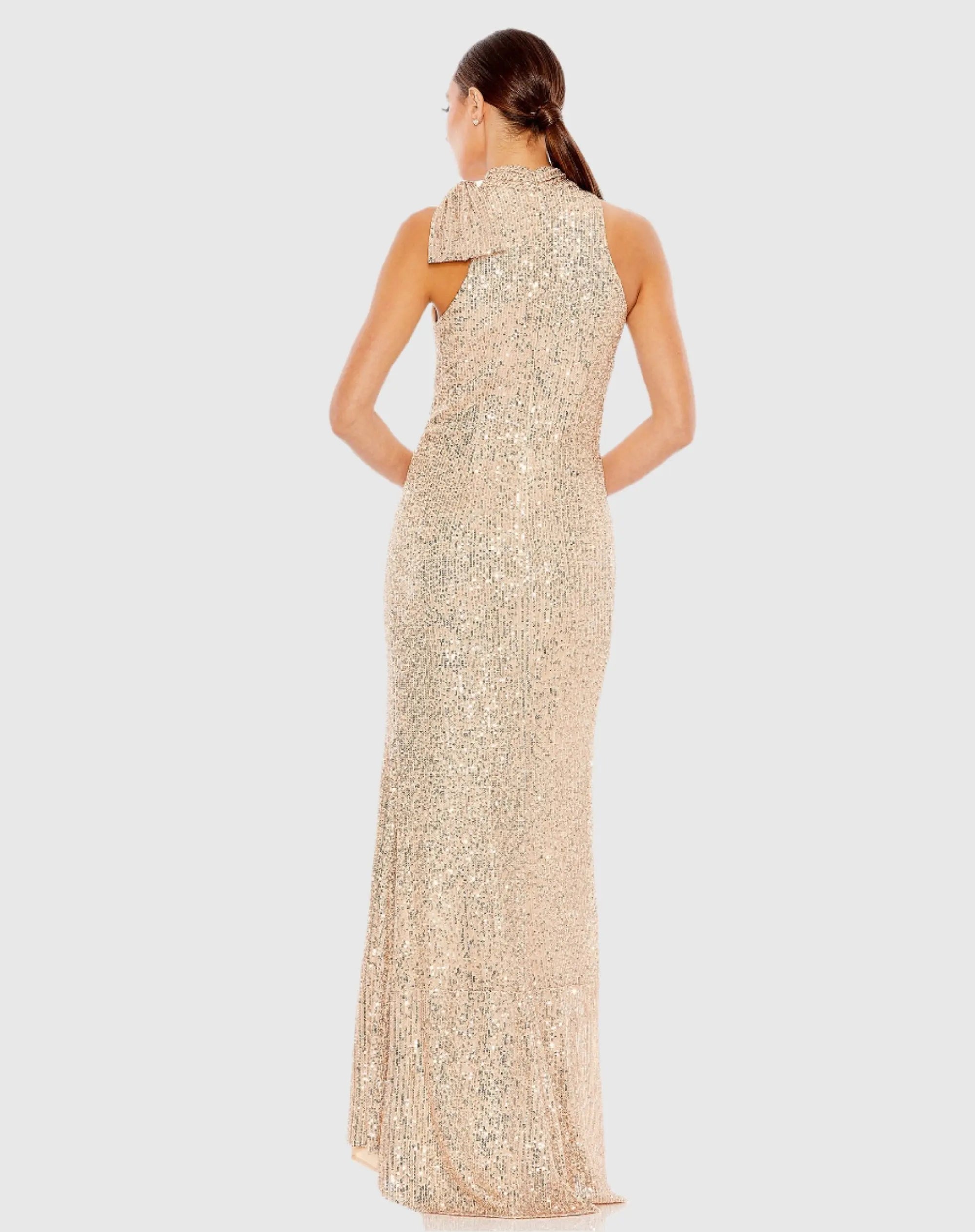 Gold Soft Tie Halter Neck Sequin Gown