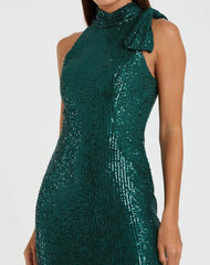 Green Soft Tie Halter Neck Sequin Gown