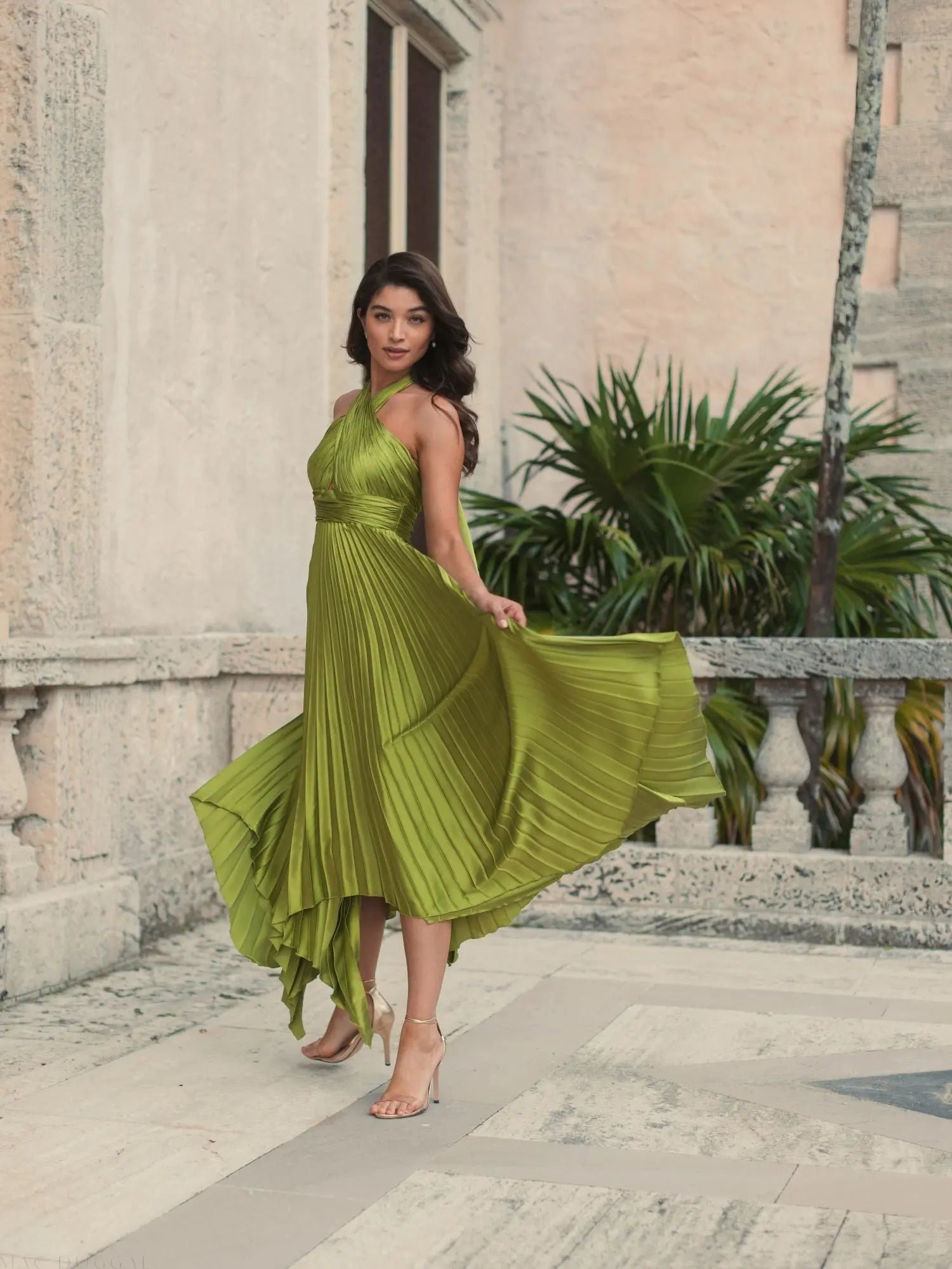 Green Pleated Halter Neck Asymmetrical Hem Gown