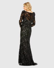 Black Embroidered Lace Puff Sleeve Wrap Over Gown