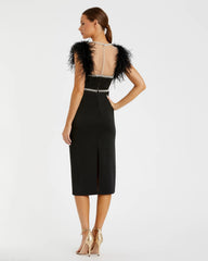 Black Feather Cap Sleeve Pearl Embellished Tea-length Dress