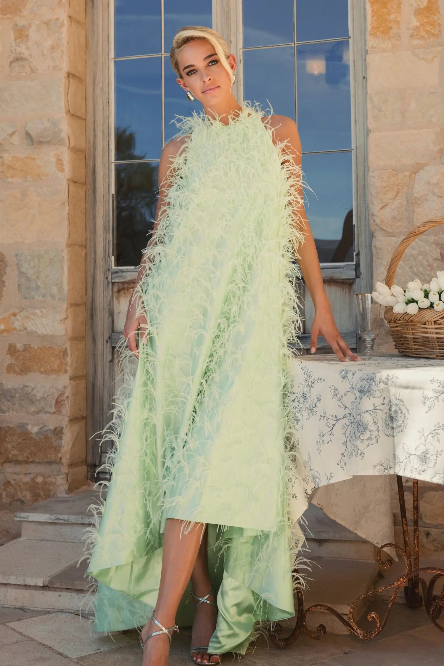 Green Sleeveless Feather Embellished Trapeze Gown