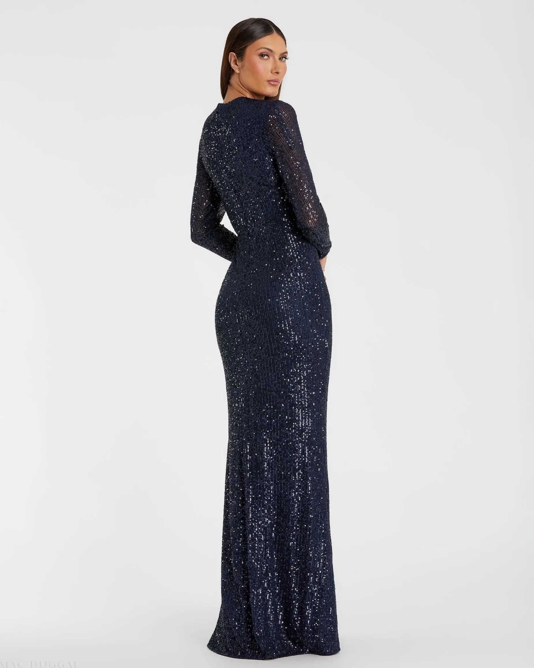 Navy Sequined Long Sleeve Side Knot Gown