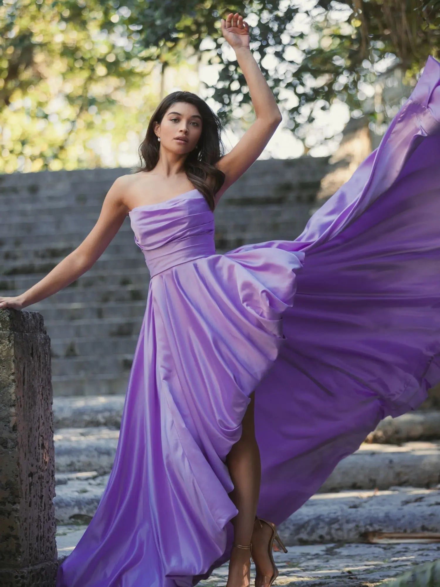 Purple Strapless Ruched High Low Gown