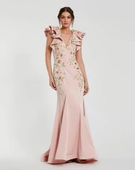 Pink Flutter Sleeve Embellished Mermaid Gown