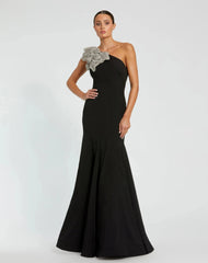 Crepe One Shoulder Gown With Crystal Flower