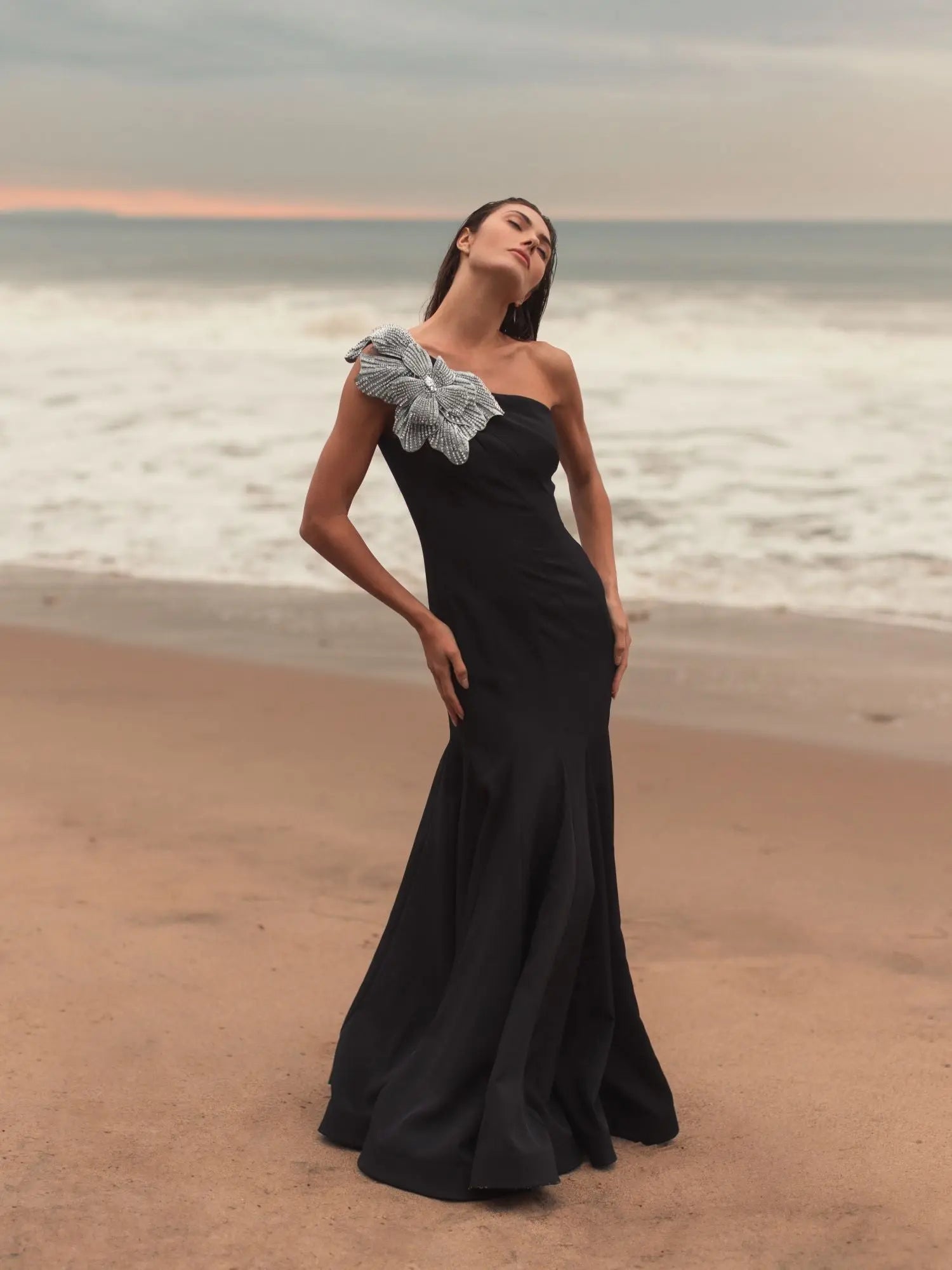 Black Crepe One Shoulder Gown With Crystal Flower
