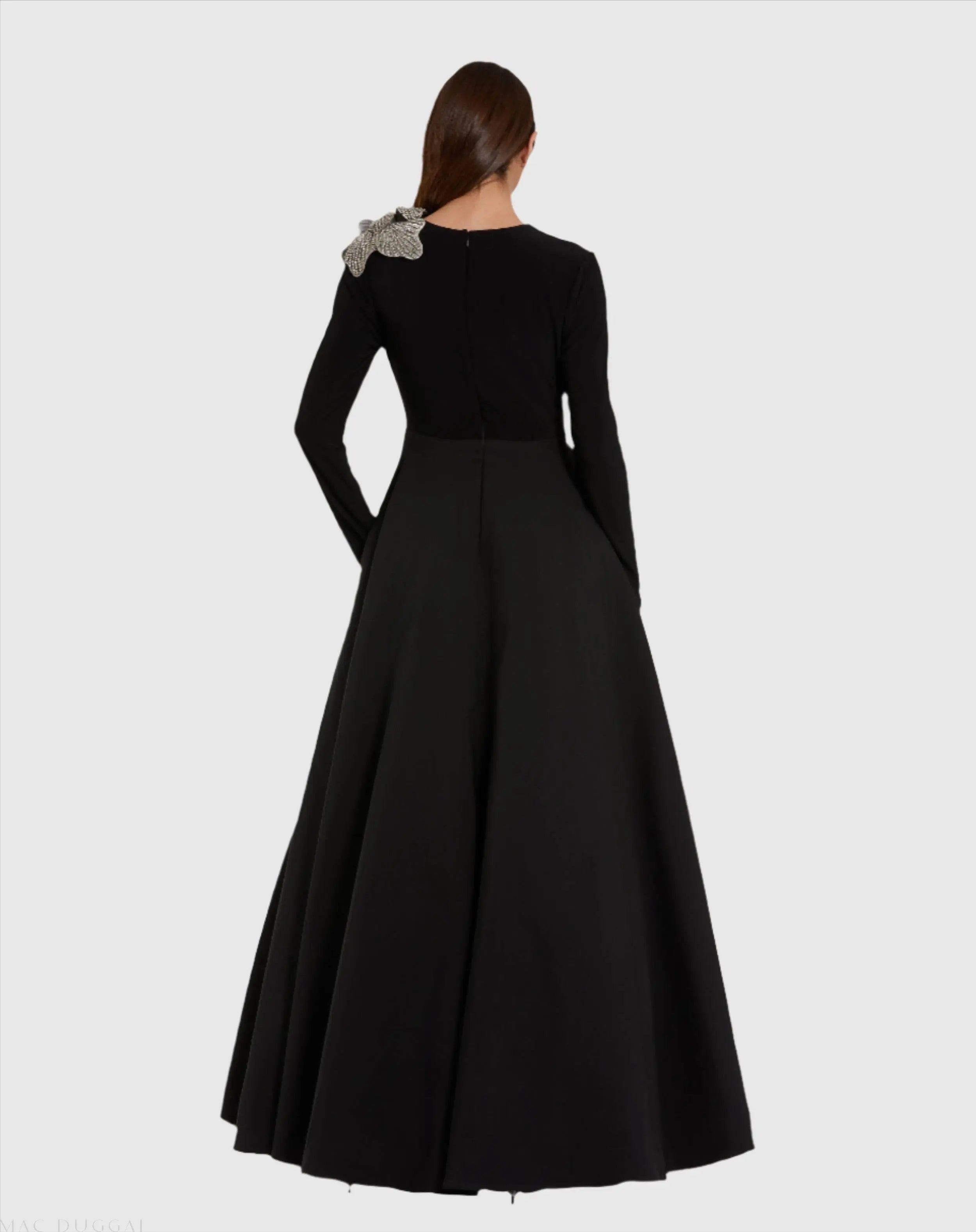 Black Long Sleeve Taffeta Ballgown with 3D Rhinestone Flower
