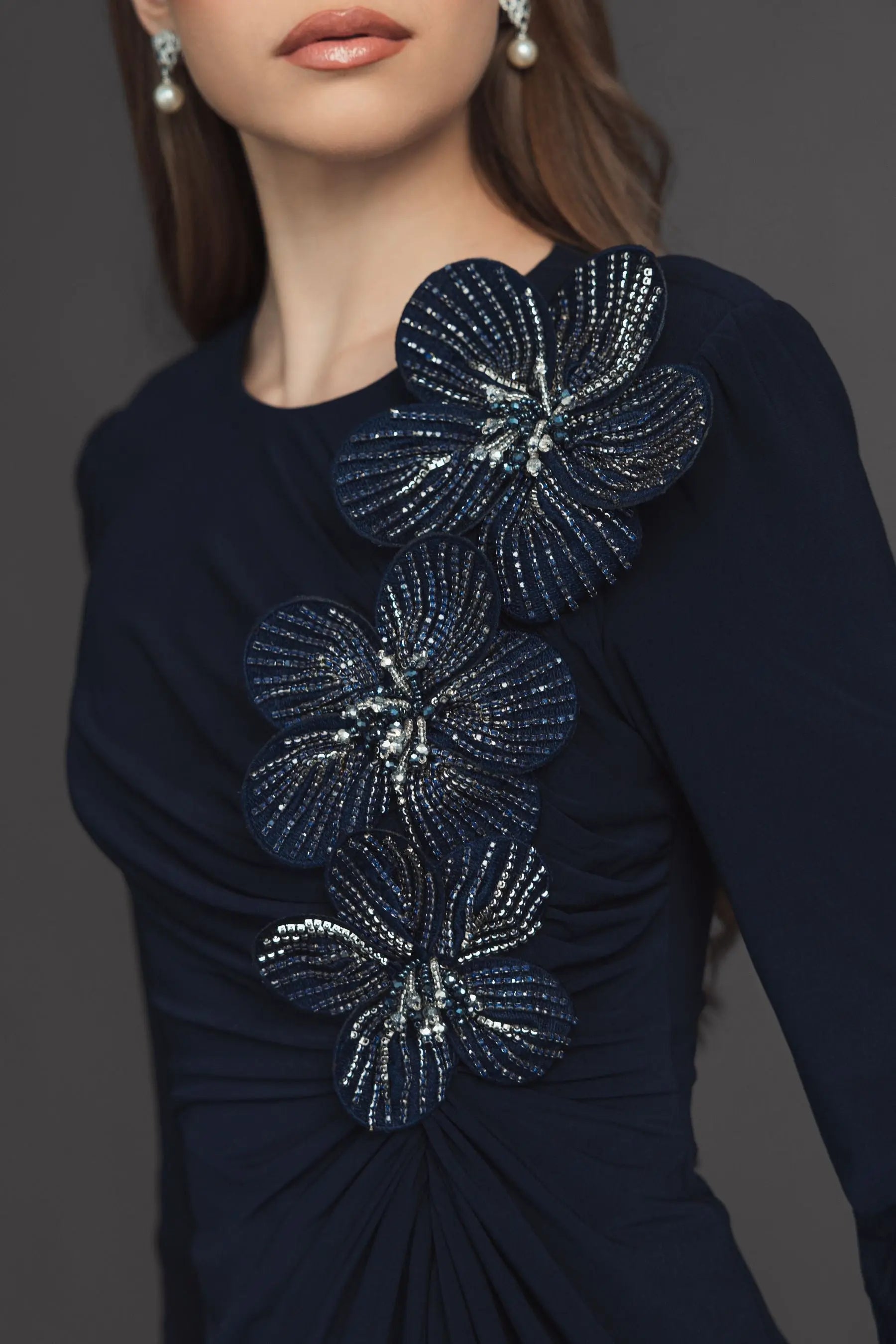 Navy Jersey Long Sleeve Fitted Gown With 3D Flowers