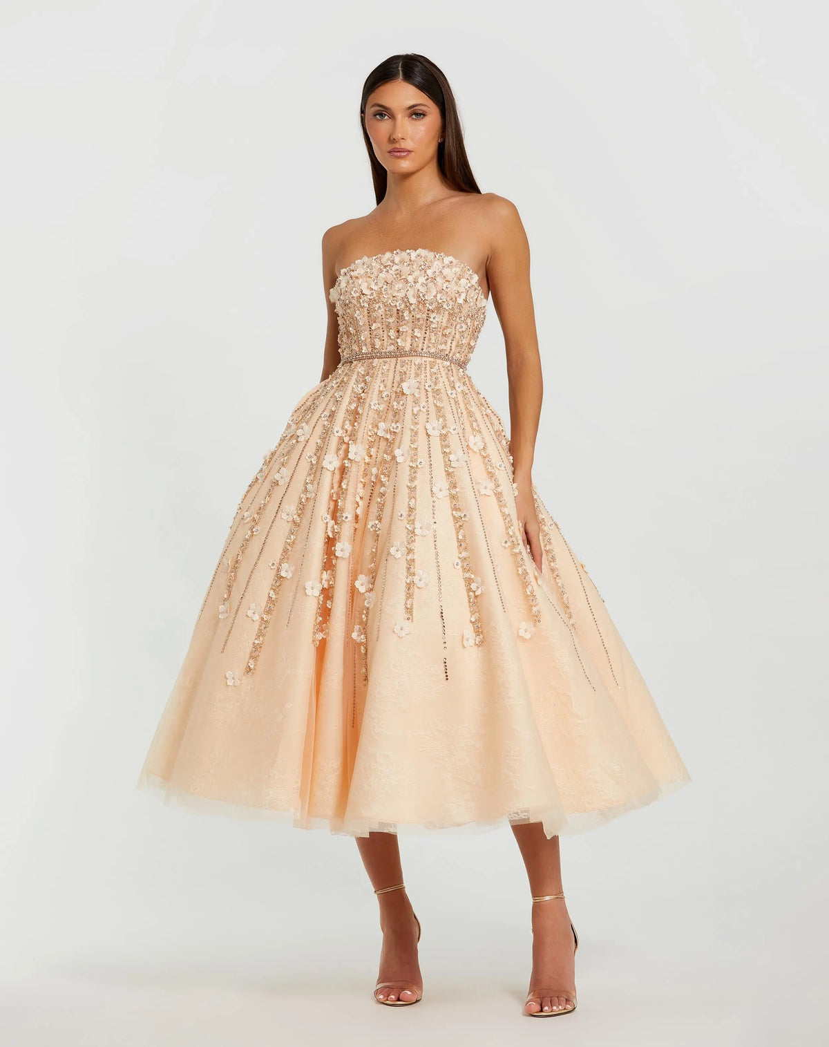 Beige Embellished Lace Strapless A Line Midi Dress