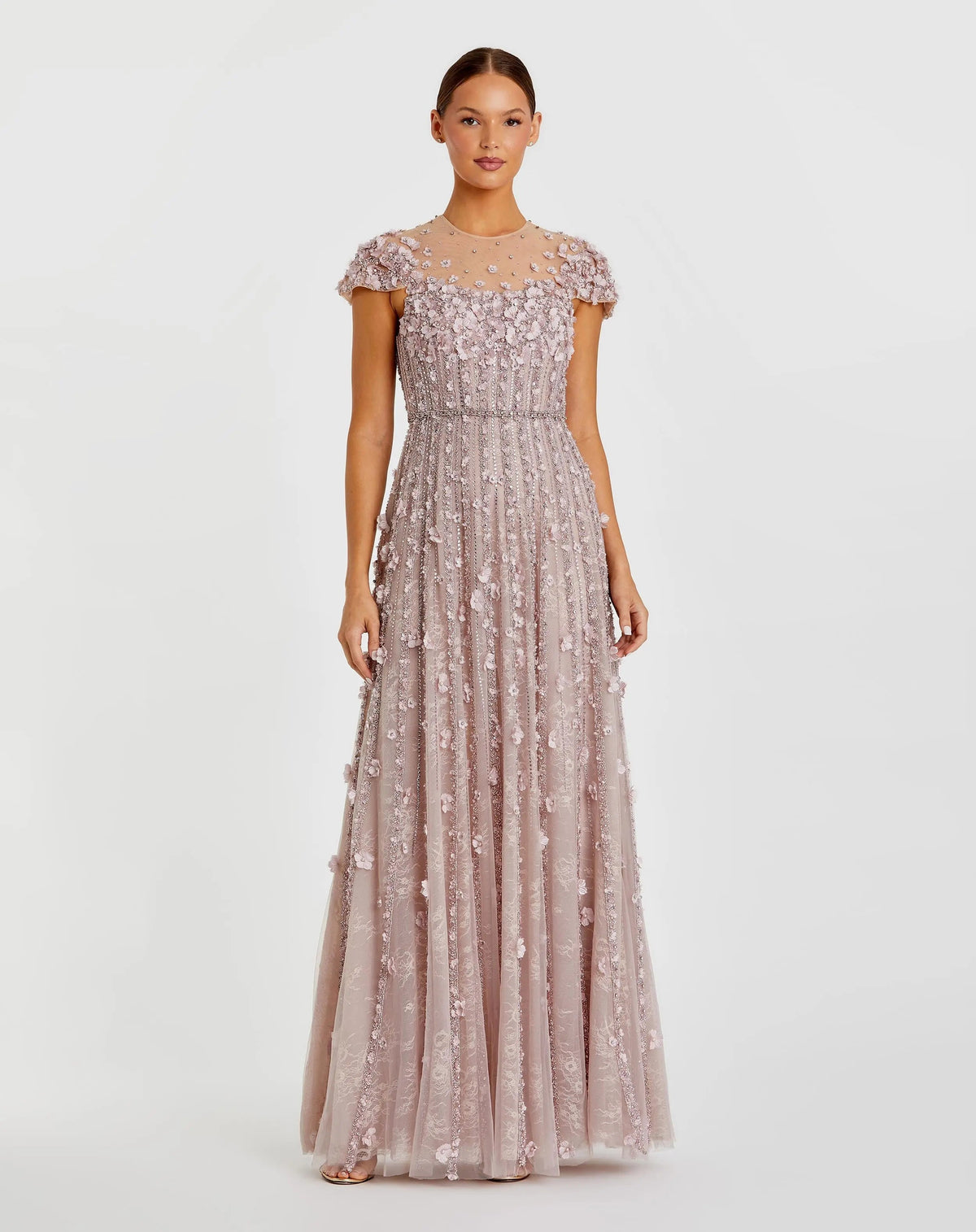 Pink Embellished Lace Illusion Neck A-Line Gown