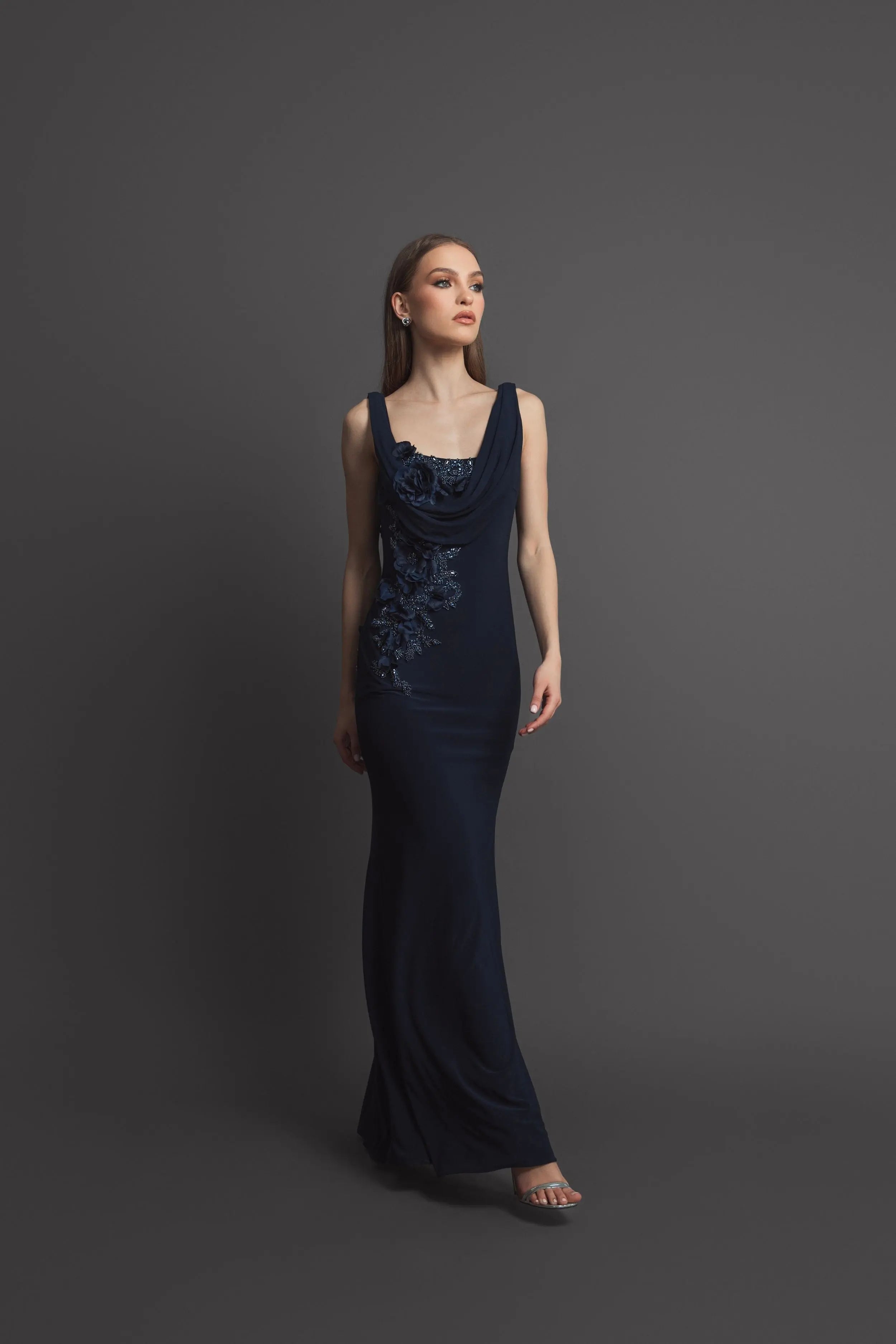 Navy Sleeveless Jersey Cowl Neck Gown With Beading
