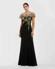 Black High Neck Floral Embroidered Jersey Gown