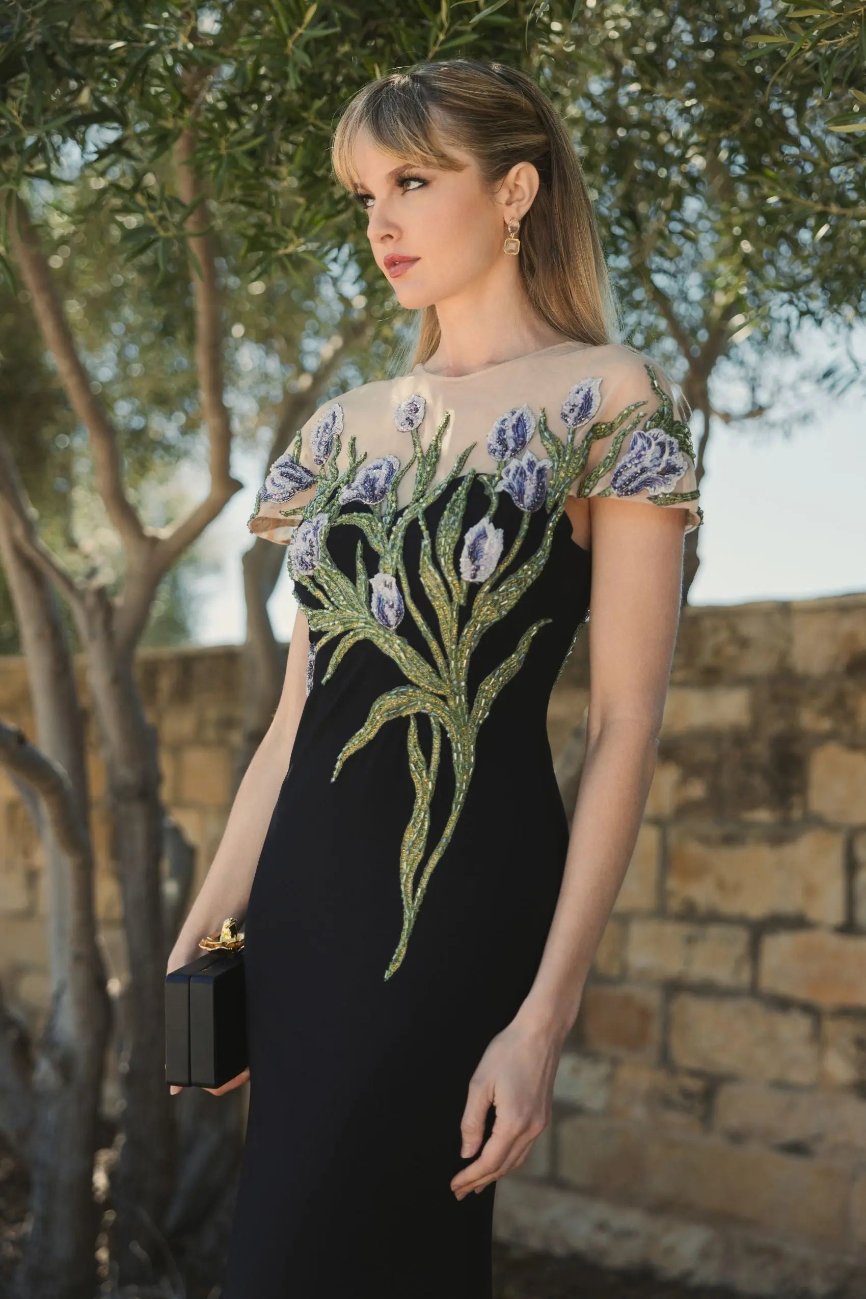 Black High Neck Floral Embroidered Jersey Gown