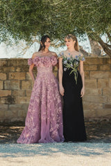 Purple Floral Embroidered Off The Shoulder A-line Gown