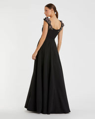 Black Crepe Sleeveless Ballgown With Rhinestone Flowers