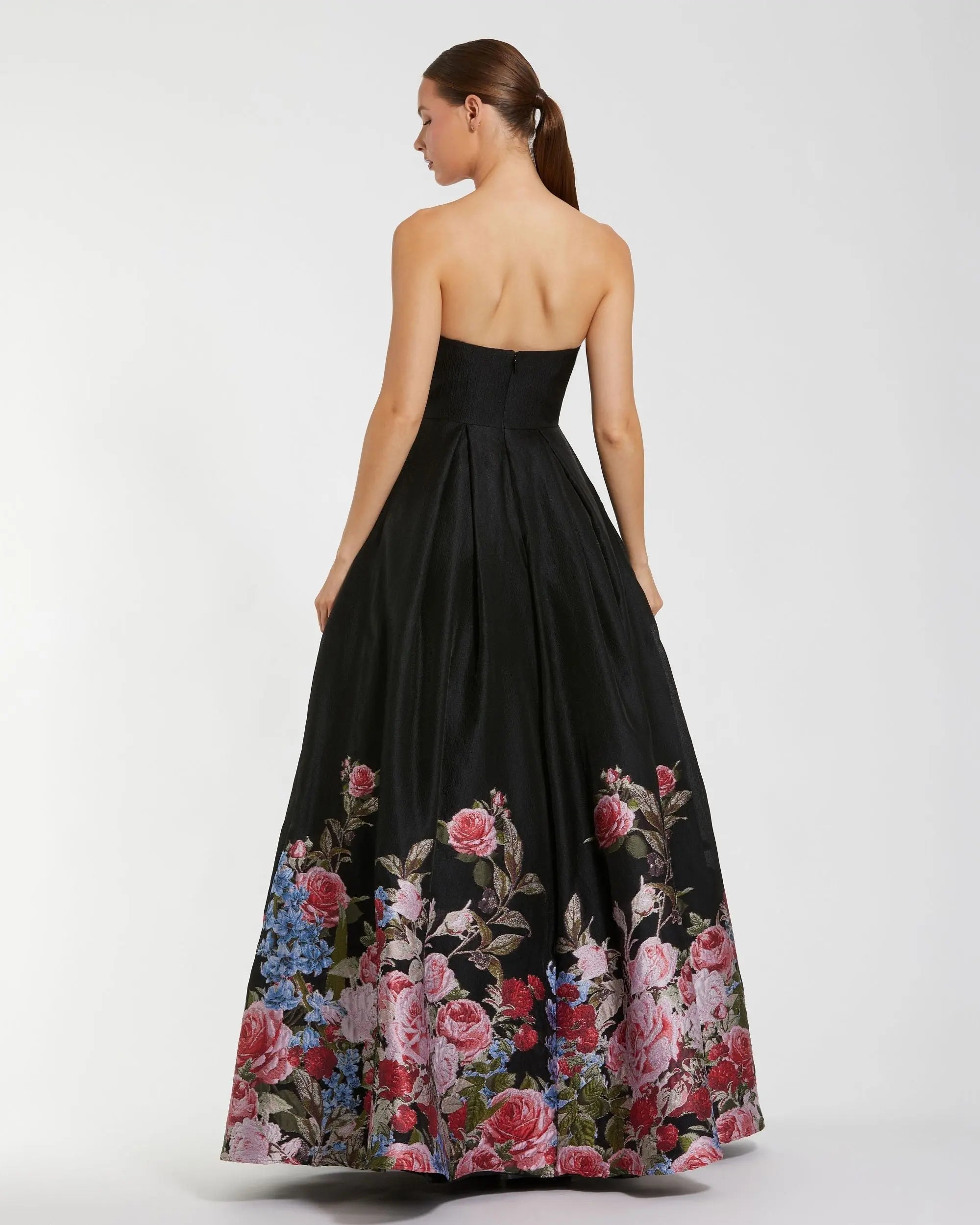 Black Strapless Floral Brocade Ballgown