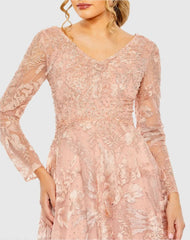 Pink Embellished Long Sleeve V Neck A Line Gown