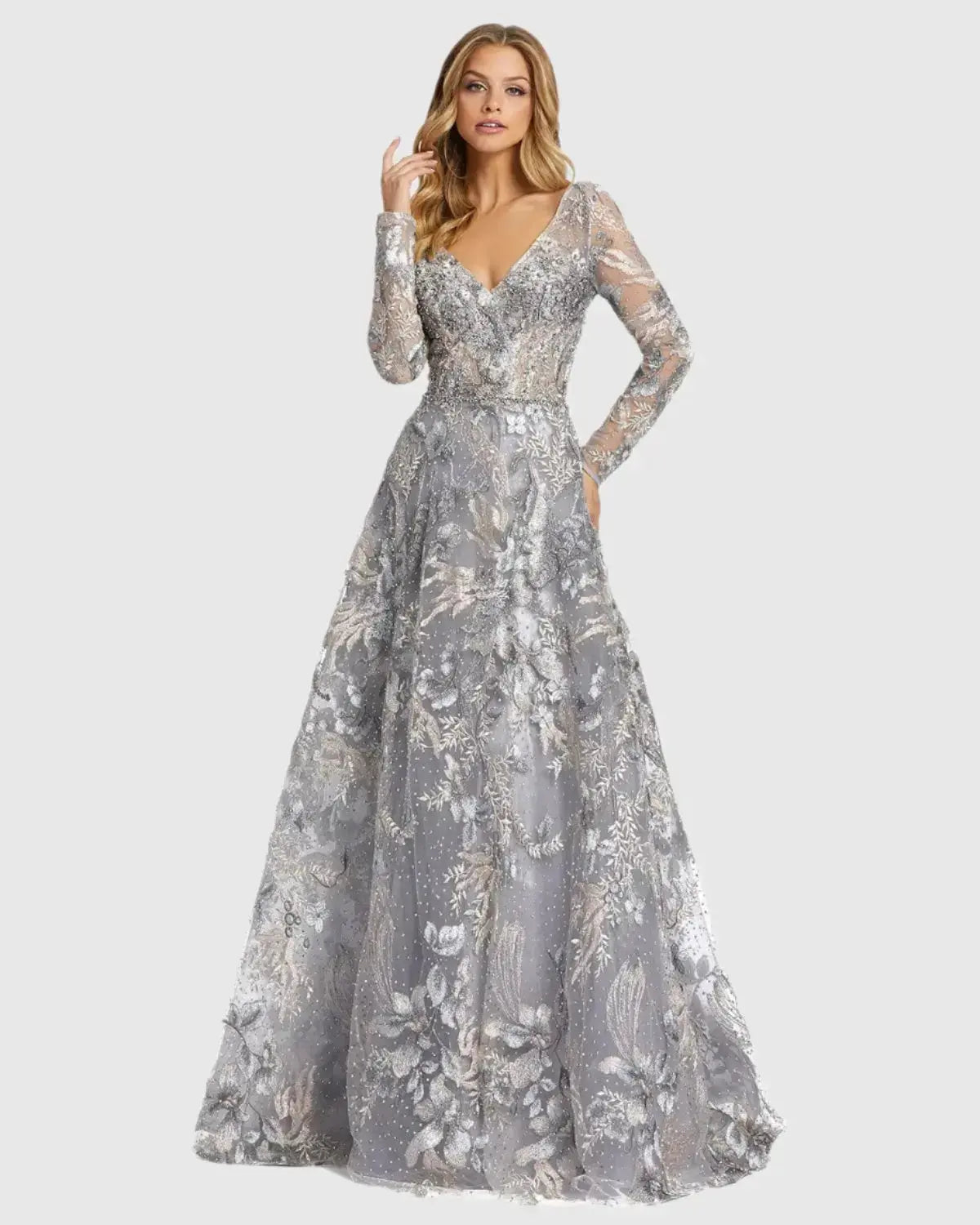 Long Sleeve Beaded Applique Gown