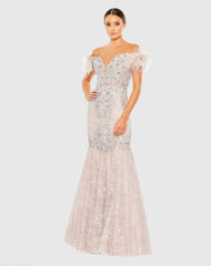 Pink Feathered Crystal Embellished Sleeveless Gown