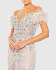 Pink Feathered Crystal Embellished Sleeveless Gown