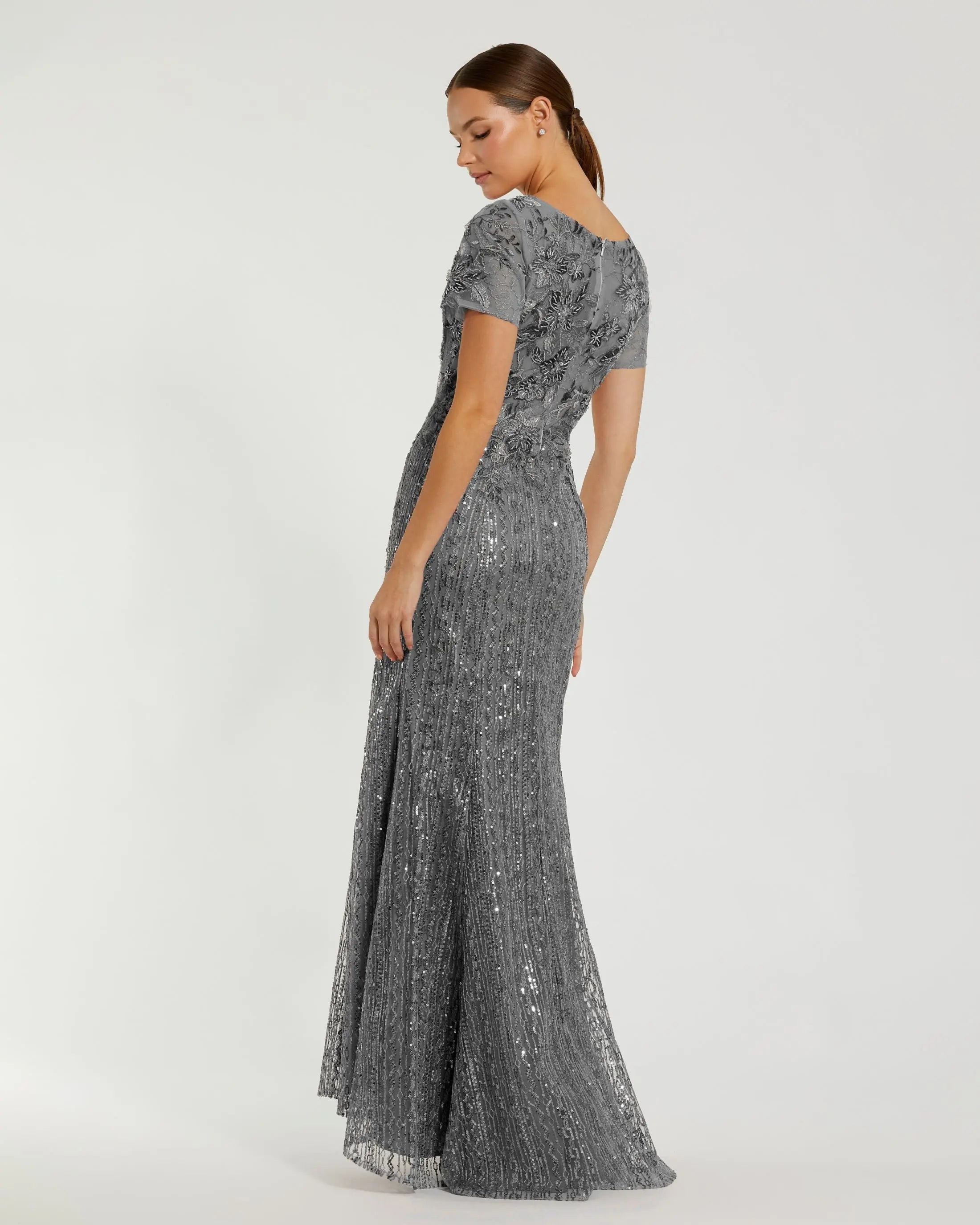 Gray Embellished V Neck Cap Sleeve Trumpet Gown - FINAL SALE