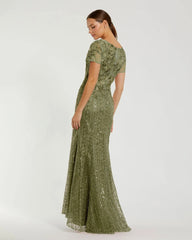 Green Embellished V Neck Cap Sleeve Trumpet Gown