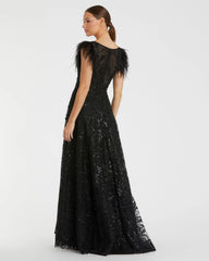 Black Embellished Boat Neck A-Line Gown with Feather Sleeves
