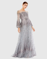 Silver Jewel Encrusted Illusion Long Sleeve A Line Gown